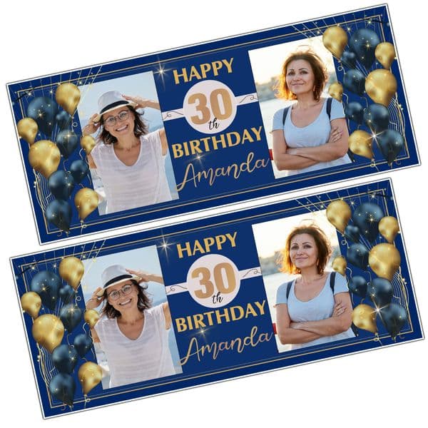 2 Personalised Happy Birthday Party Photo Banners N64 Navy Blue & Gold Balloons