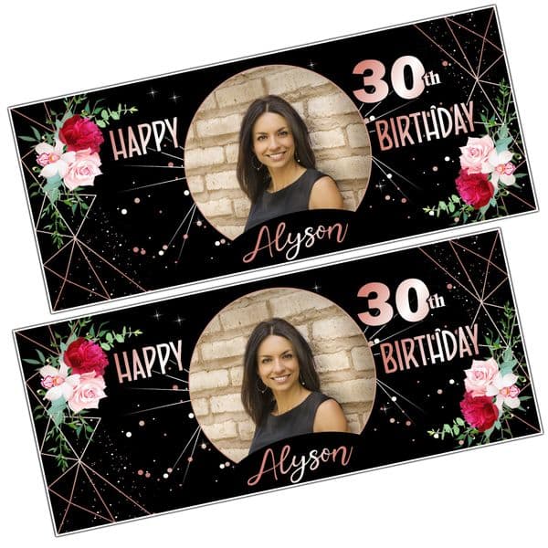 2 Personalised Happy Birthday Party Photo Banners N66 Rose Gold Floral