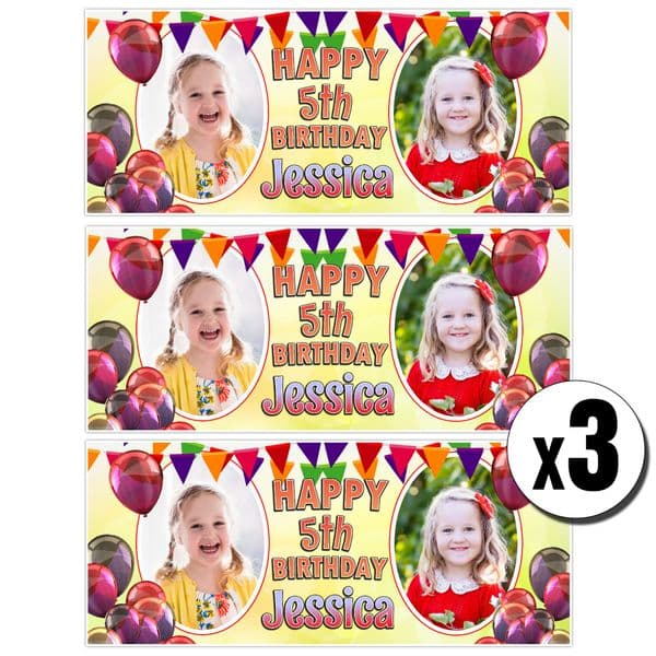 3 x Personalised Birthday Photo Party Poster Banners ~ Balloons & Bunting Design N36
