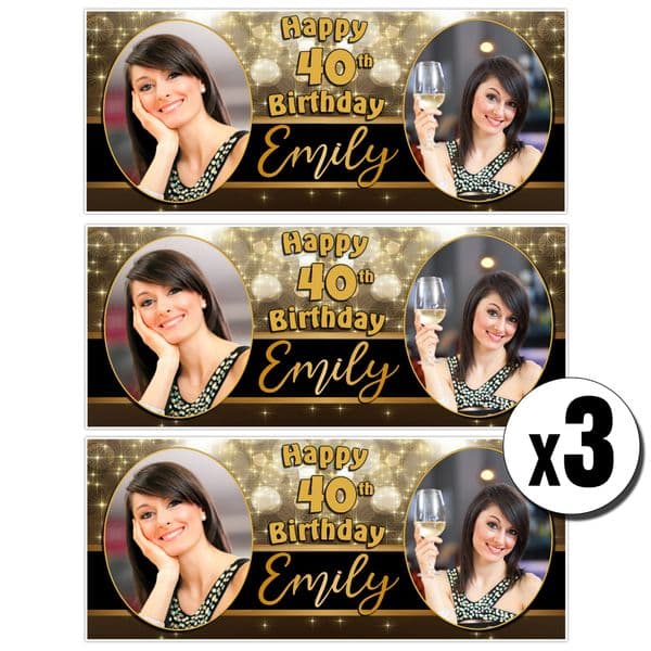 3 x Personalised Black & Gold Birthday Photo Party Banners ~ N28