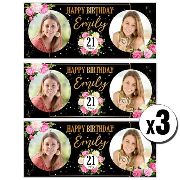 3 x Personalised Black & Gold Floral Birthday Photo Party Banners ~ N20