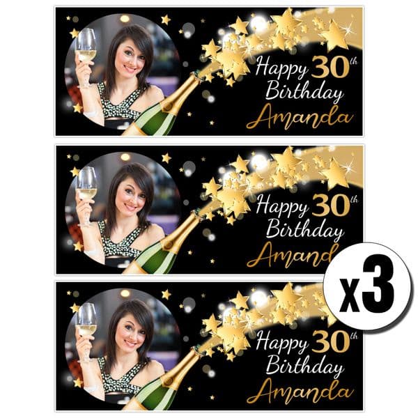 3 x Personalised Black & Gold Stars Birthday Photo Party Banners ~ N7