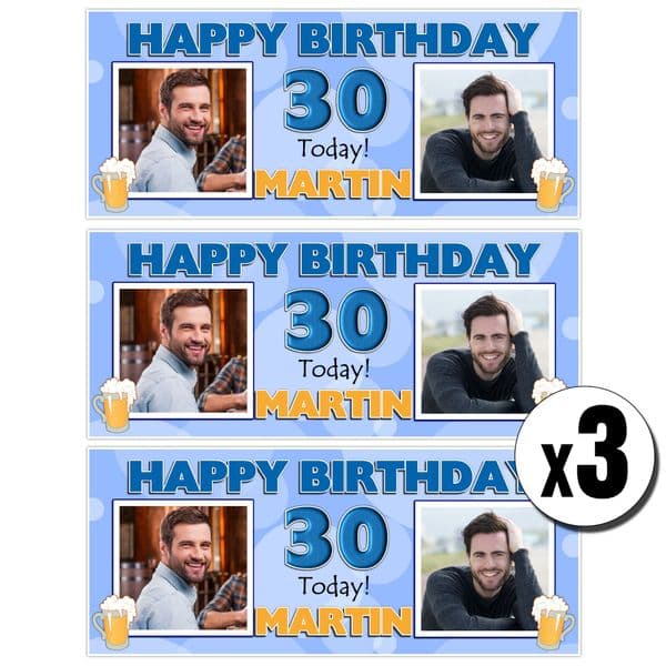 3 x Personalised Blue Bubbles Lager Beer Birthday Photo Party Banners ~ N11