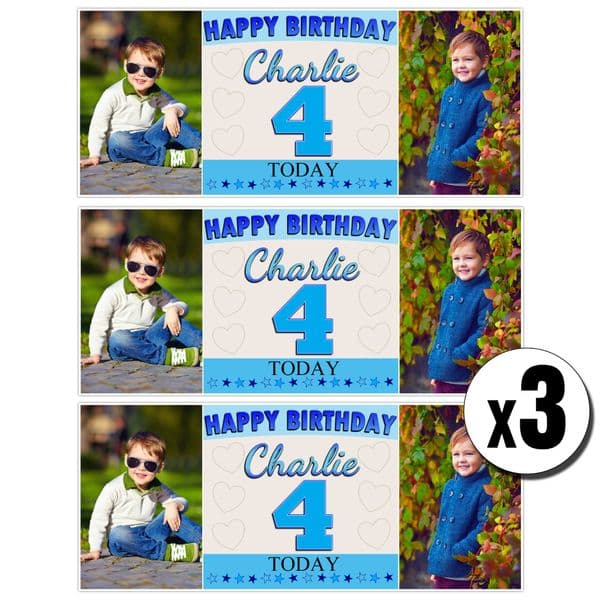3 x Personalised Blue Stars Birthday Photo Party Banners ~ N5