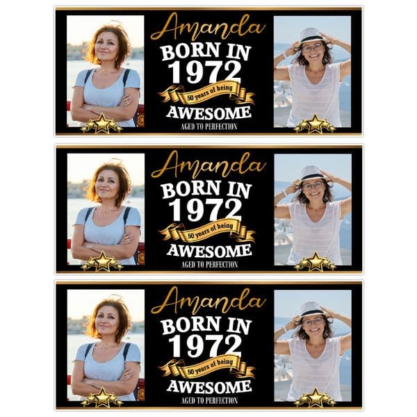 3 x Personalised Born In Any Year Happy Birthday Photo Party Banners ~ N2
