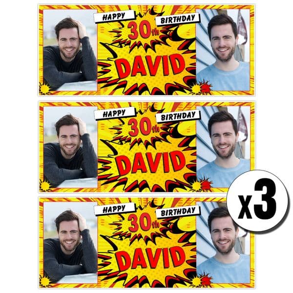 3 x Personalised Comic Blast Birthday Photo Party Banners ~ N19