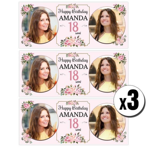 3 x Personalised Floral Birthday Photo Party Banners ~ N18