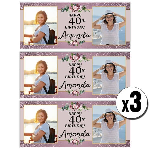 3 x Personalised Floral Rose Gold Glitter Birthday Photo Party Banners ~ N17