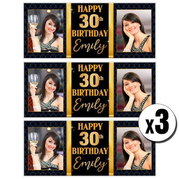 3 x Personalised Gold Quilted Birthday Photo Party Banners ~ N33