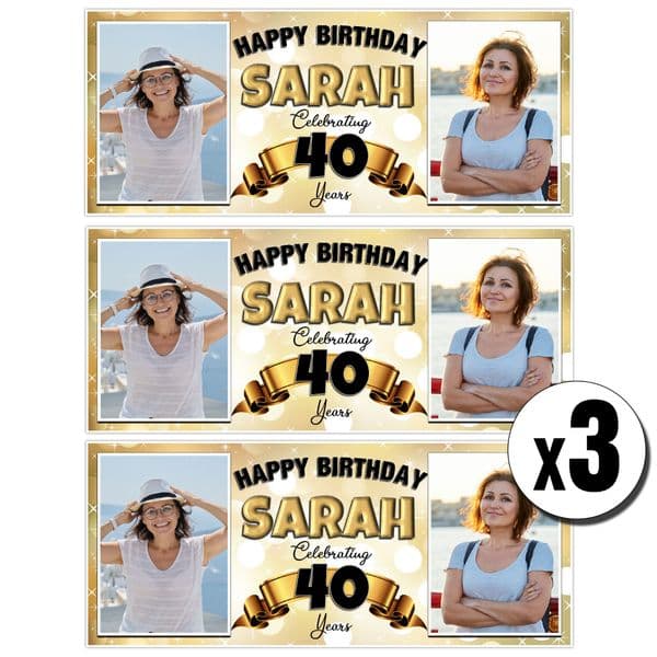 3 x Personalised Gold Ribbon Sparkle Birthday Photo Party Banners ~ N14