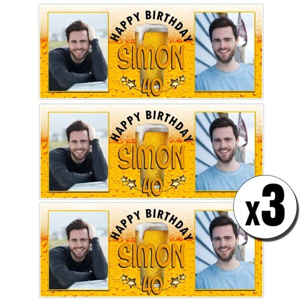 3 x Personalised Golden Lager Beer Birthday Photo Party Banners ~ N29