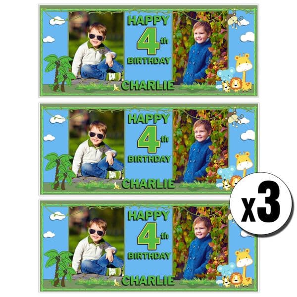 3 x Personalised Jungle Birthday Photo Party Banners ~ N9