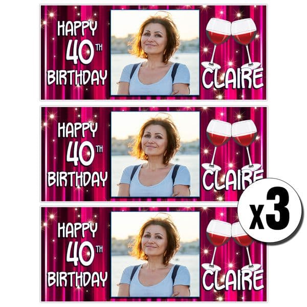 3 x Personalised Pink Glitz Wine Birthday Photo Party Banners ~ N27