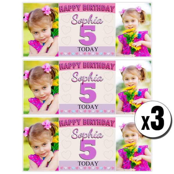 3 x Personalised Pink Hearts Birthday Photo Party Banners ~ N4