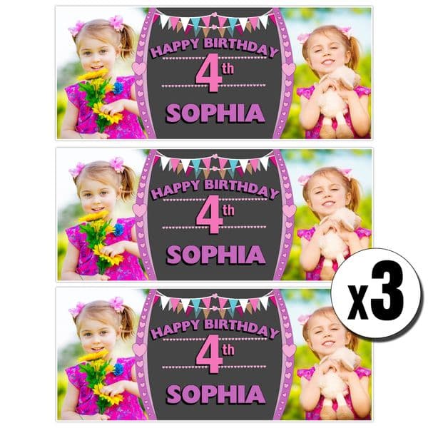 3 x Personalised Pink Hearts & Bunting Birthday Photo Party Poster Banners ~ N38
