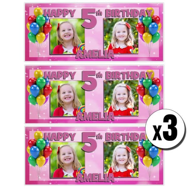 3 x Personalised Pink Sparkle & Balloons Birthday Photo Party Banners ~ N8