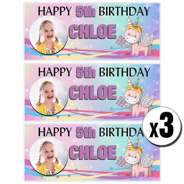 3 x Personalised Rainbow Unicorn Birthday Photo Party Banners ~ N1