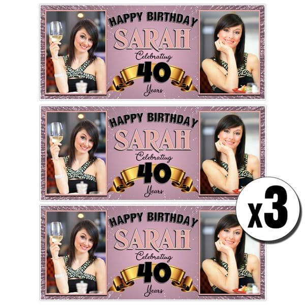 3 x Personalised Rose Gold Glitter Birthday Photo Party Banners ~ N15