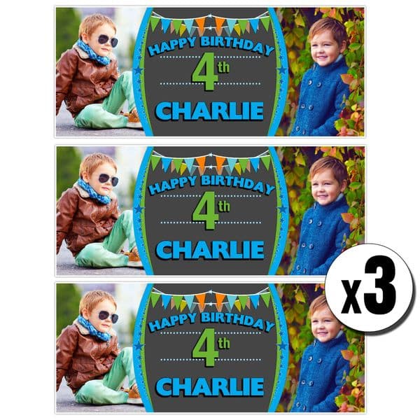 3 x Personalised Stars & Bunting Birthday Photo Party Poster Banners ~ N37