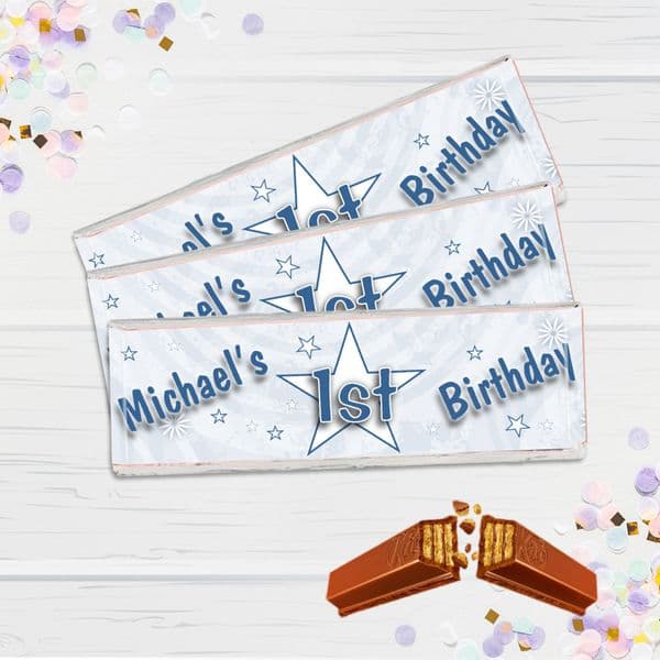 6 x Personalised 2 Finger KitKat Chocolate Favours - Blue Birthday Star N11