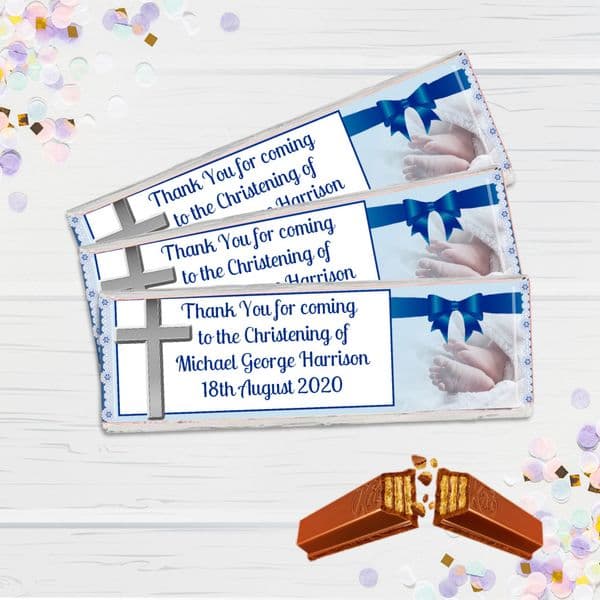 6 x Personalised 2 Finger KitKat Chocolate Favours - Blue Christening N12