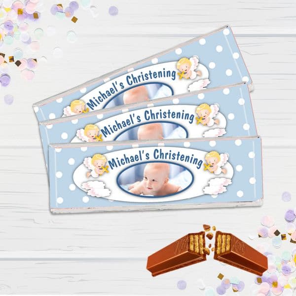 6 x Personalised 2 Finger KitKat Chocolate Favours - Blue Christening PHOTO N9