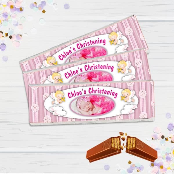 6 x Personalised 2 Finger KitKat Chocolate Favours - Pink Christening PHOTO N8
