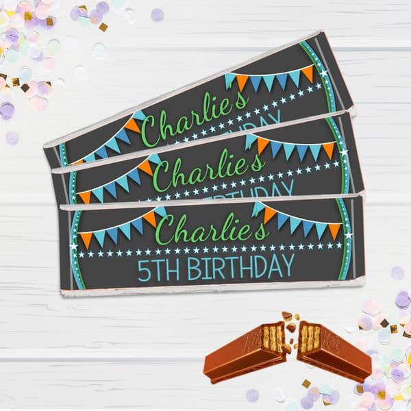 6 x Personalised Boys Bunting & Stars Happy Birthday 2 Finger KitKat Chocolate Bars Wrappers - N24