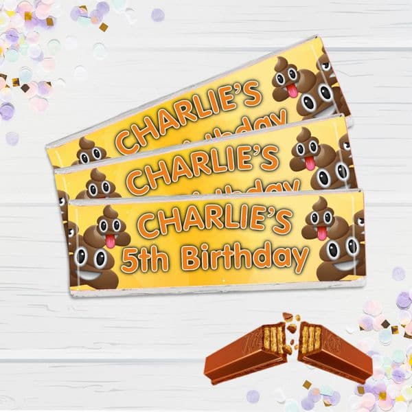 6 x Personalised EMOJI POO Happy Birthday 2 Finger KitKat Chocolate Bars Wrappers - N22