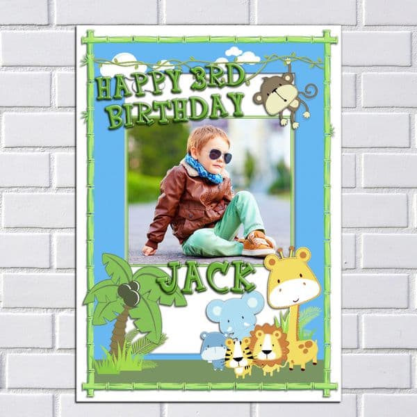 Boys Girls Personalised Jungle Animals Happy Birthday Party PHOTO Poster Banner N52