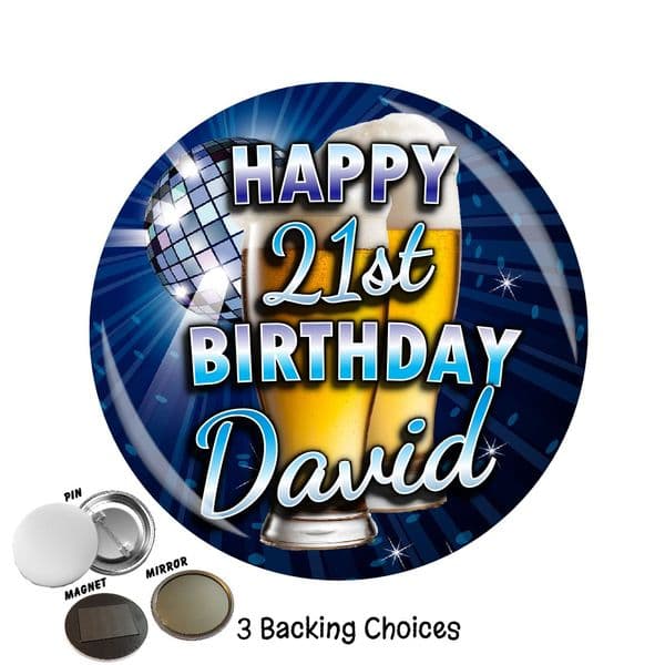 Large 75mm Lager Personalised Happy Birthday Badge N20