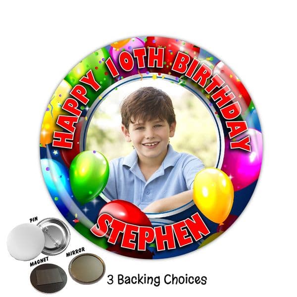 Large 75mm Personalised Balloons Happy Birthday PHOTO Badge N5