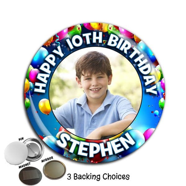 Large 75mm Personalised Balloons Happy Birthday PHOTO Badge N9