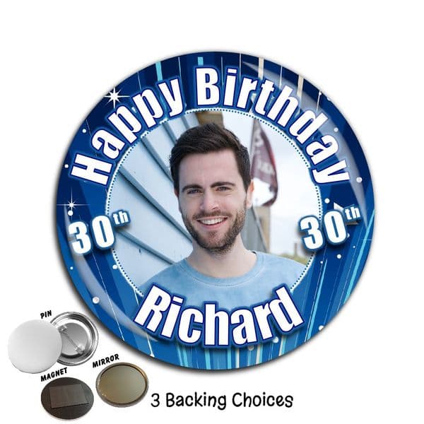 Large 75mm Personalised Blue Glitz Happy Birthday PHOTO Badge N40