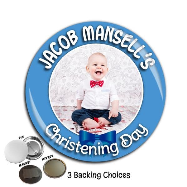 Large 75mm Personalised Boys Christening Baptism PHOTO Badge N30