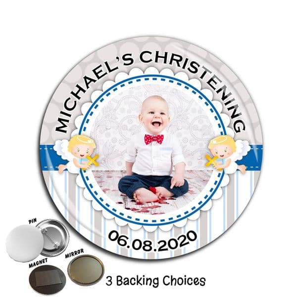 Large 75mm Personalised Boys Christening Baptism PHOTO Badge N60