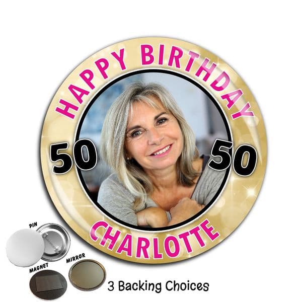 Large 75mm Personalised Gold Sparkle Happy Birthday PHOTO Badge N66