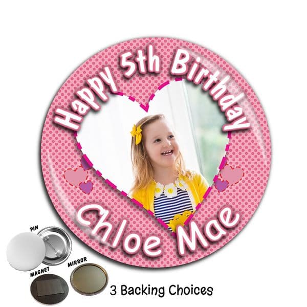 Large 75mm Personalised Patchwork Heart Girls Happy Birthday PHOTO Badge N43