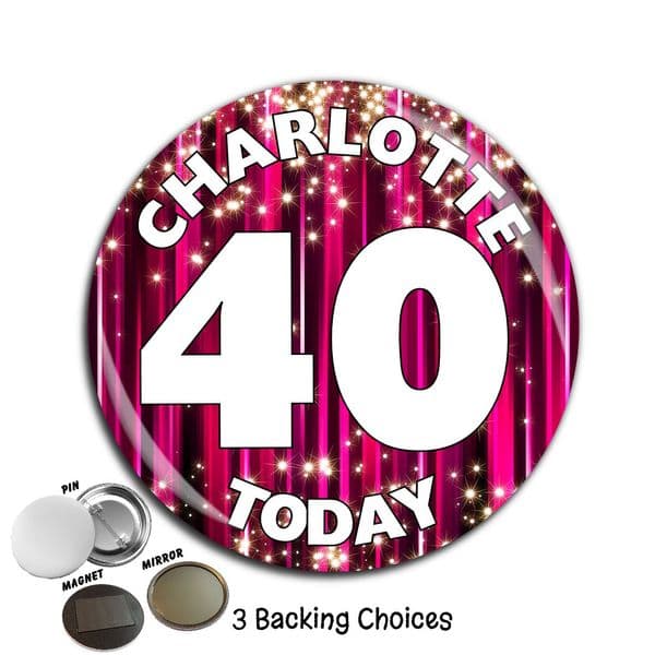Large 75mm Personalised Pink Sparkle Happy Birthday Badge N55 (Pin / Magnet / Mirror Backing)