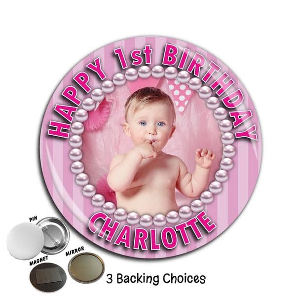 Large 75mm Personalised Pink Stripe Happy Birthday PHOTO Badge N65