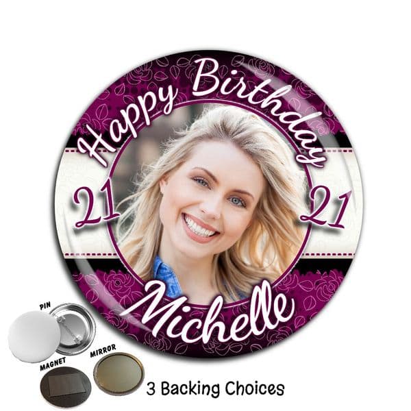 Large 75mm Personalised Purple & Black Happy Birthday PHOTO Badge N49 (Pin / Magnet / Mirror Backing)