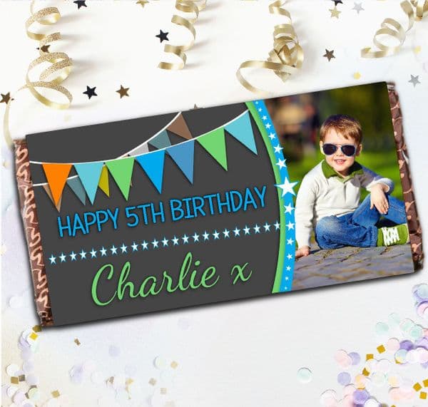 Personalised 110g Chocolate Bar - Boys Birthday Bunting & Stars Happy Birthday N108