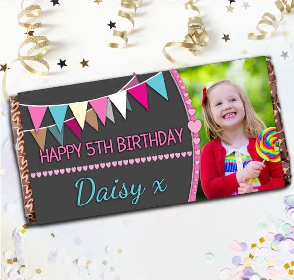 Personalised 110g Chocolate Bar - Girls Birthday Bunting & Hearts Happy Birthday N107