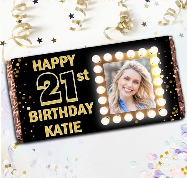 Personalised 110g Chocolate Bar - Gold Sparkle Lights Happy Birthday Gift N101