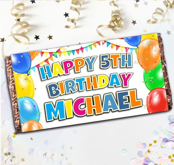 Personalised 110g Chocolate Bar - Happy Birthday Gift N102 Balloons & Bunting