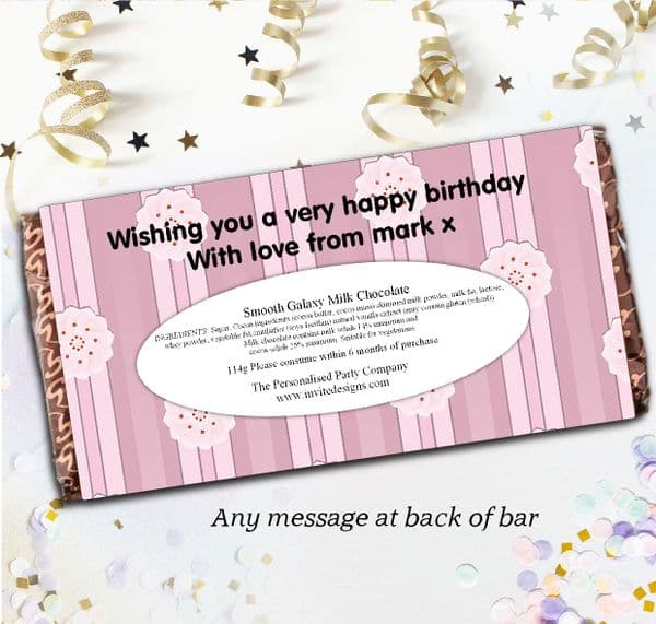 Personalised 110g Chocolate Bar - Pink Button Stripe Happy Birthday N6