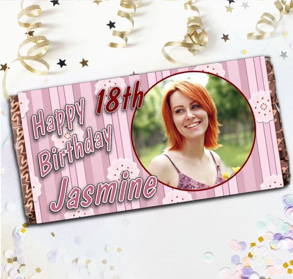 Personalised 110g Chocolate Bar - Pink Button Stripe Happy Birthday N6