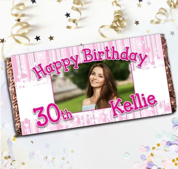 Personalised 110g Chocolate Bar - Pink Stripes Happy Birthday N36