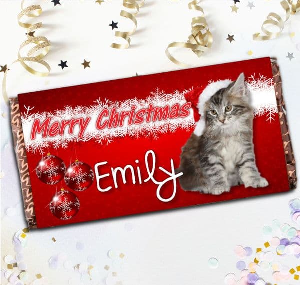 Personalised 110g Christmas Milk Chocolate Bar - Merry Christmas Gift N53 Cute Kitten