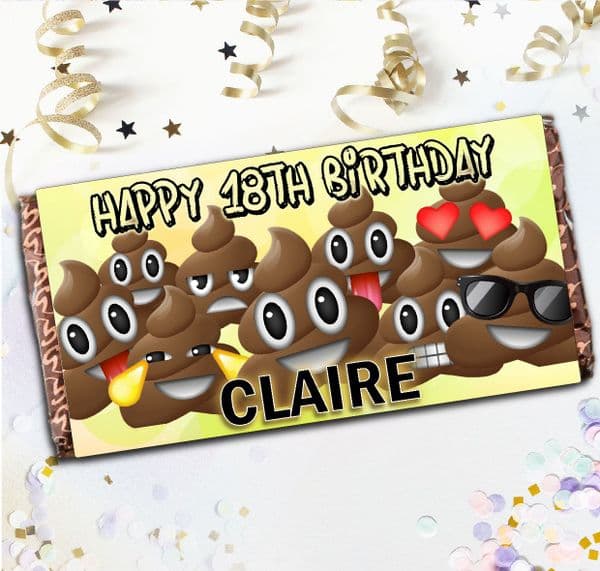 Personalised 110g Milk Chocolate Bar - EMOJI POO Happy Birthday Gift N105
